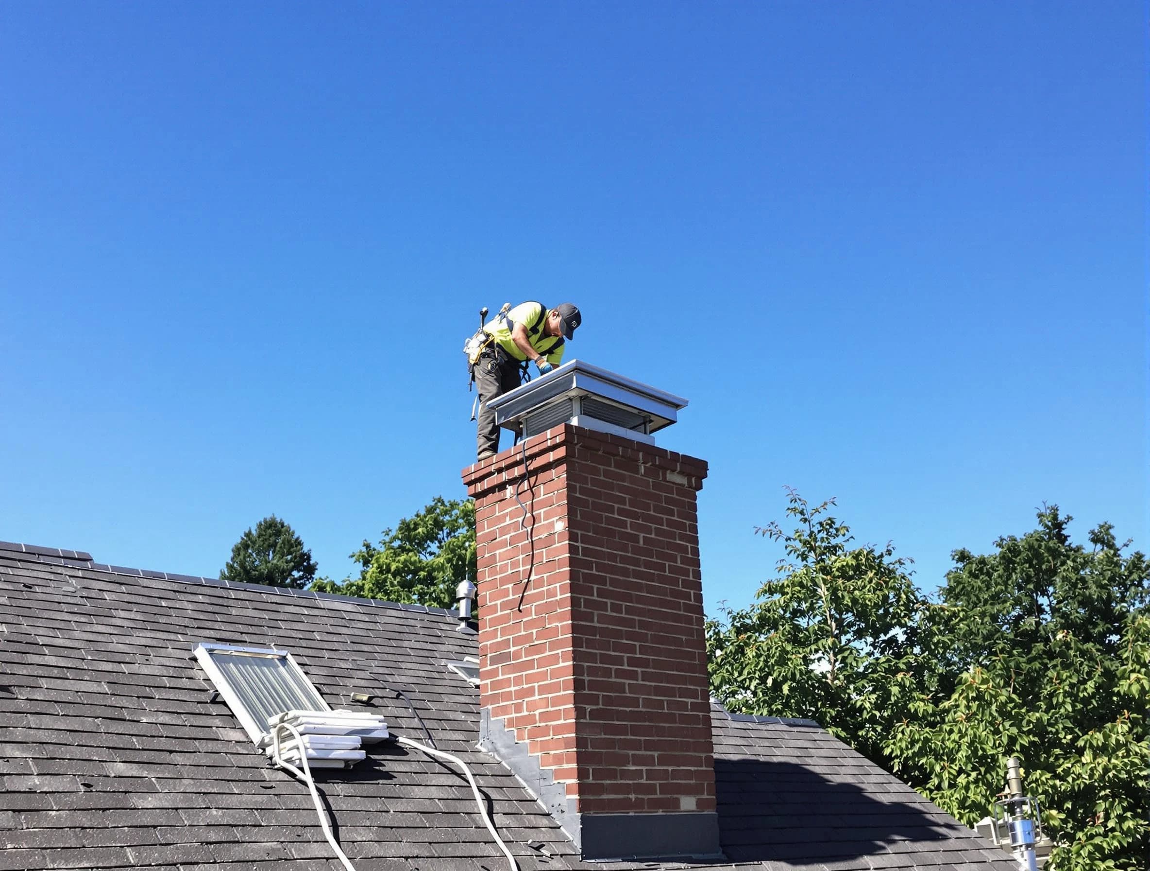Rahway Chimney Sweep technician measuring a chimney cap in Rahway, NJ
